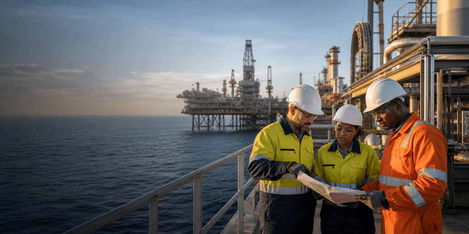 Oil and gas professionals reviewing work plans near industrial energy infrastructure
